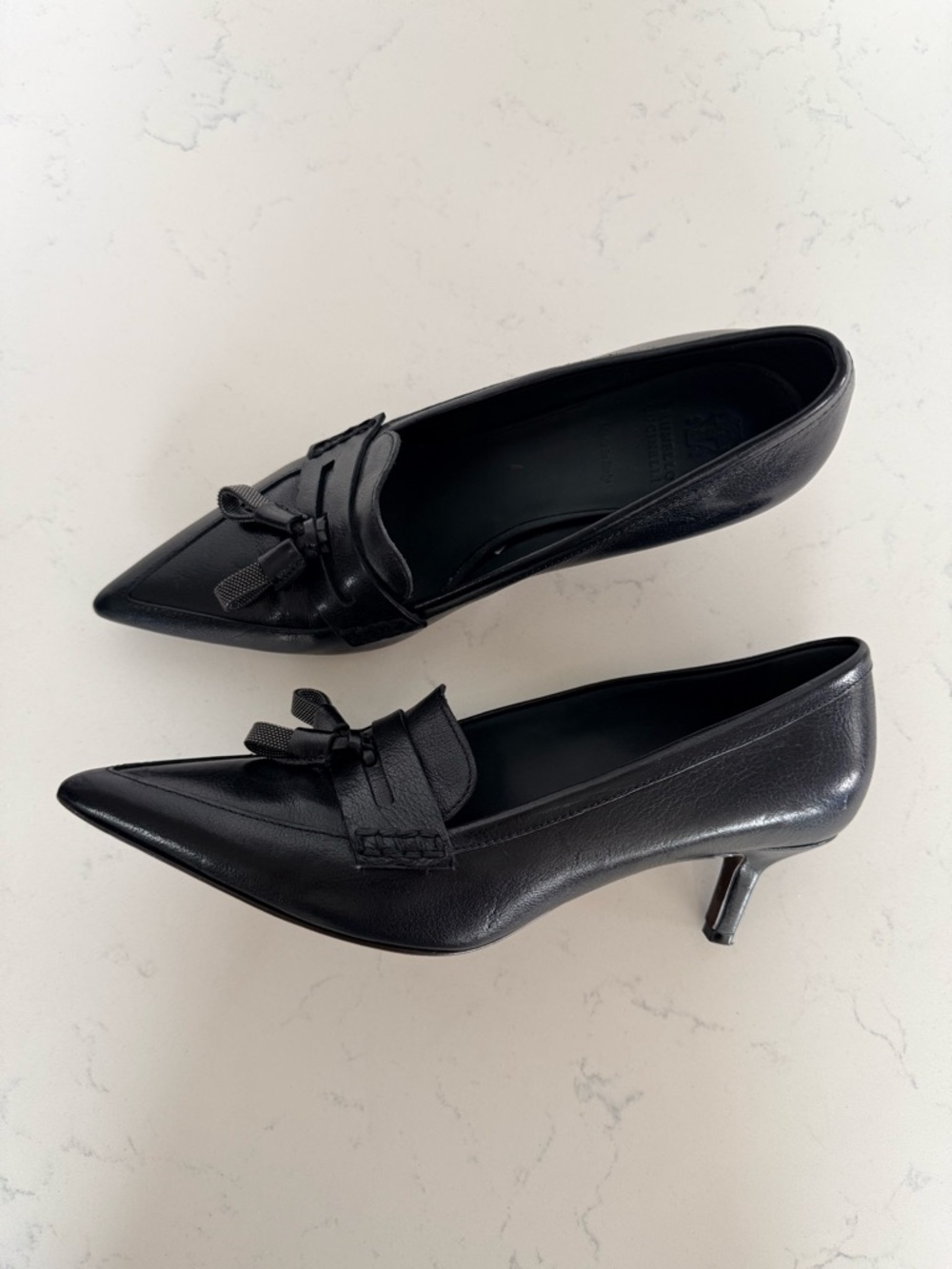 Brunello Cucinelli Monili Tassel Pumps Size39 Black Leather Luxury Kitten Heels